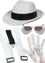 Load image into Gallery viewer, Dreamzfit - Adult Men's King of Pop Michael Jackson Rockstar Dance Gangster Cosplay Fancy Dress, WHITE FEDORA HAT + WHITE BRACES + SEQUIN GLOVE + AVIATOR SHADES, Adult One Suize