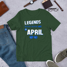 Load image into Gallery viewer, Birthday t shirt- legends were born in April - j and p hats