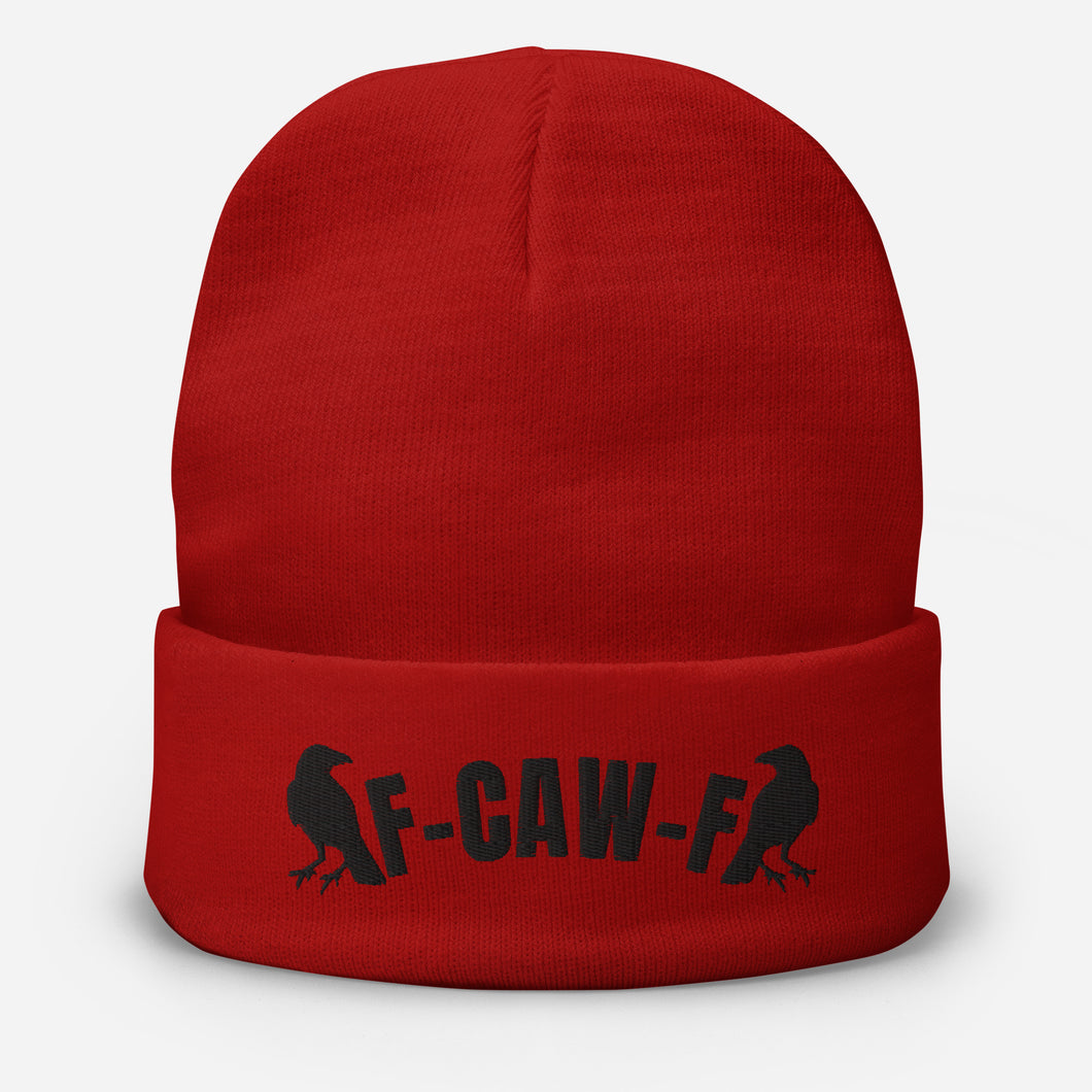 Red beanie with black text and Crow graphics on a white background