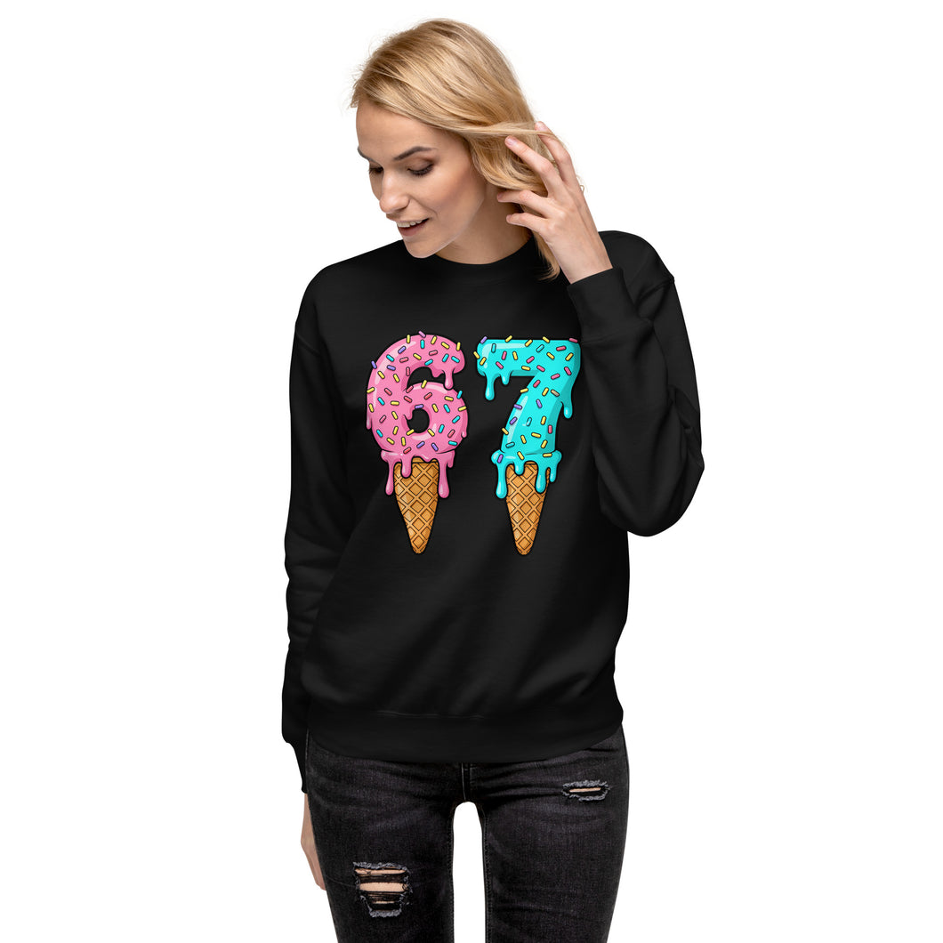 Person wearing a black sweatshirt with 67 ice cream cone design and numbers