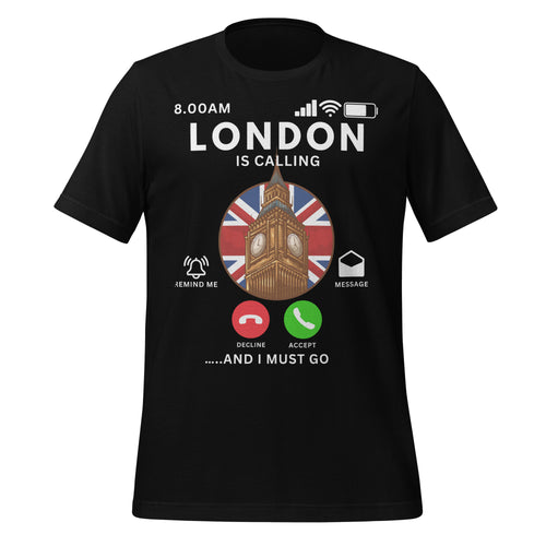 Black t-shirt with London-themed design featuring Big Ben and British flag.