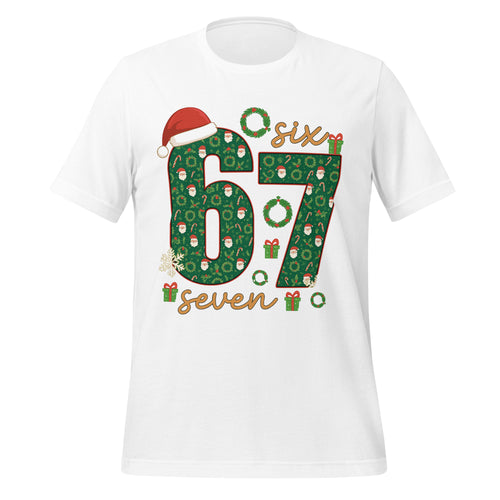 White Six Seven t-shirt with festive design featuring numbers and Christmas elements on a white background